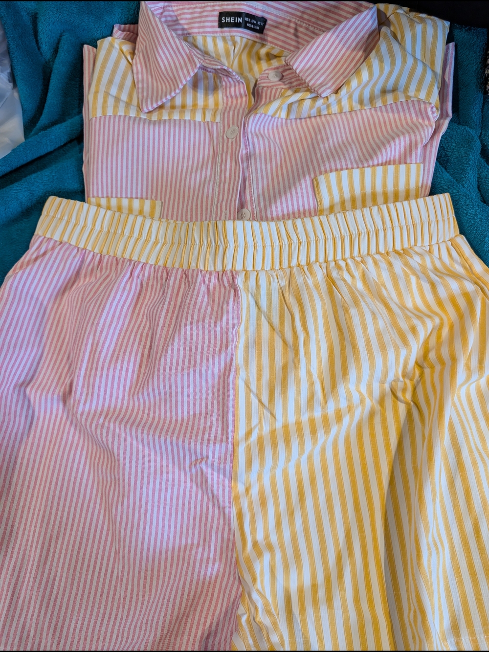 SHEIN Pink & Yellow Striped Button-Up Two-Piece Set